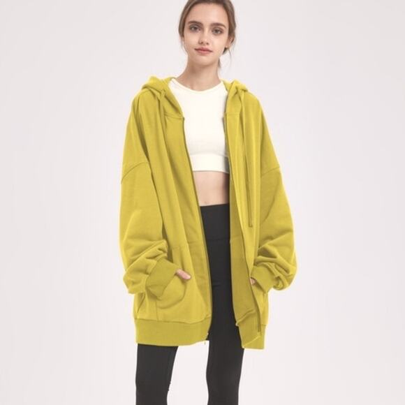 NAP LOUNGEWEAR Slouchy Oversized Zip-Up Hoodie Size M Mustard Yellow-Green - Picture 1 of 9